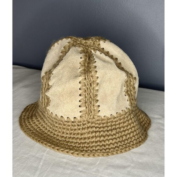J Crew Hat Bucket Wool Suede OS Womens Crochet Leather Casual Unique Patchwork - Picture 7 of 7